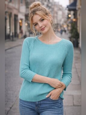 Lands’ End Womens Ribbed Knit Sweater 3/4 Sleeve Teal USA Size 14-16 Spring